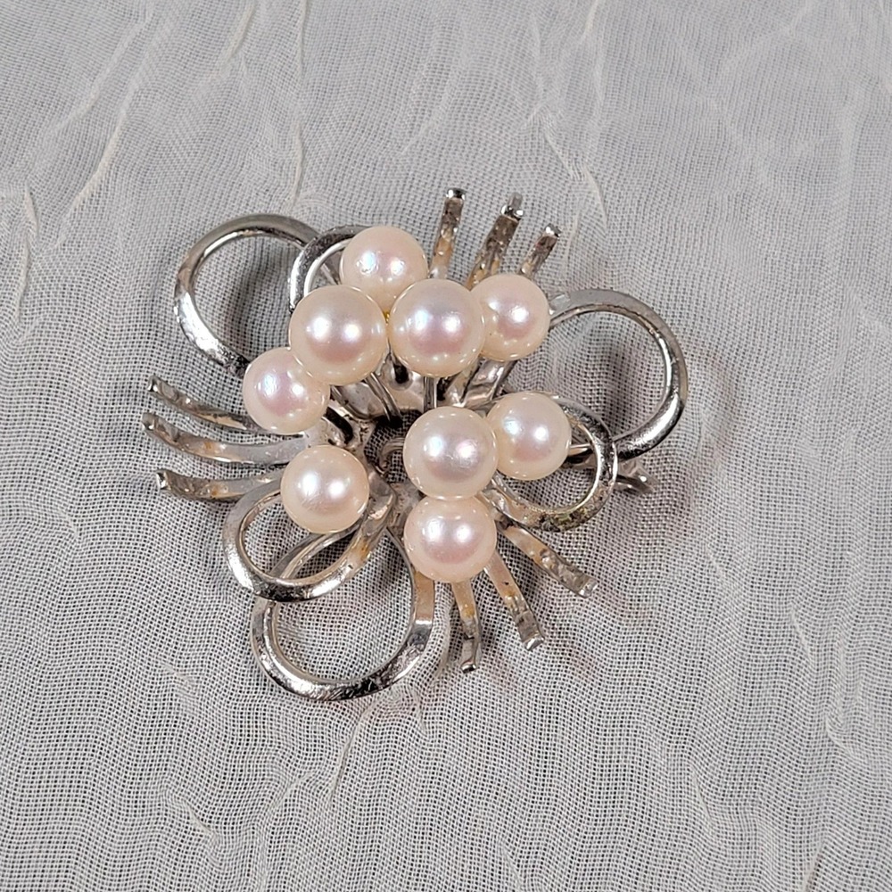 Vintage Sterling Silver Cultured Pearl Ribbon Spray Brooch Pin 11.73g